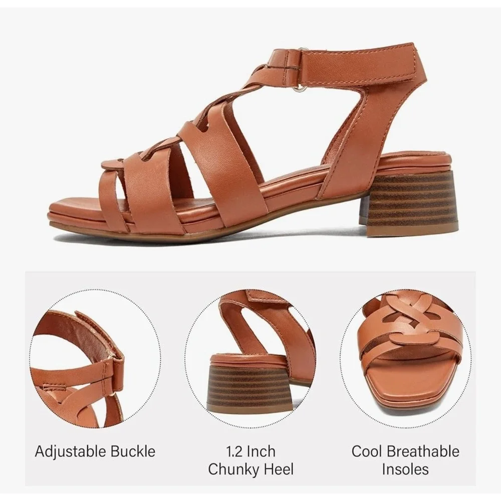 Ruiee Womens Tan Faux Leather Strappy Gladiator Sandals Square Toe‎ Heel Size 11